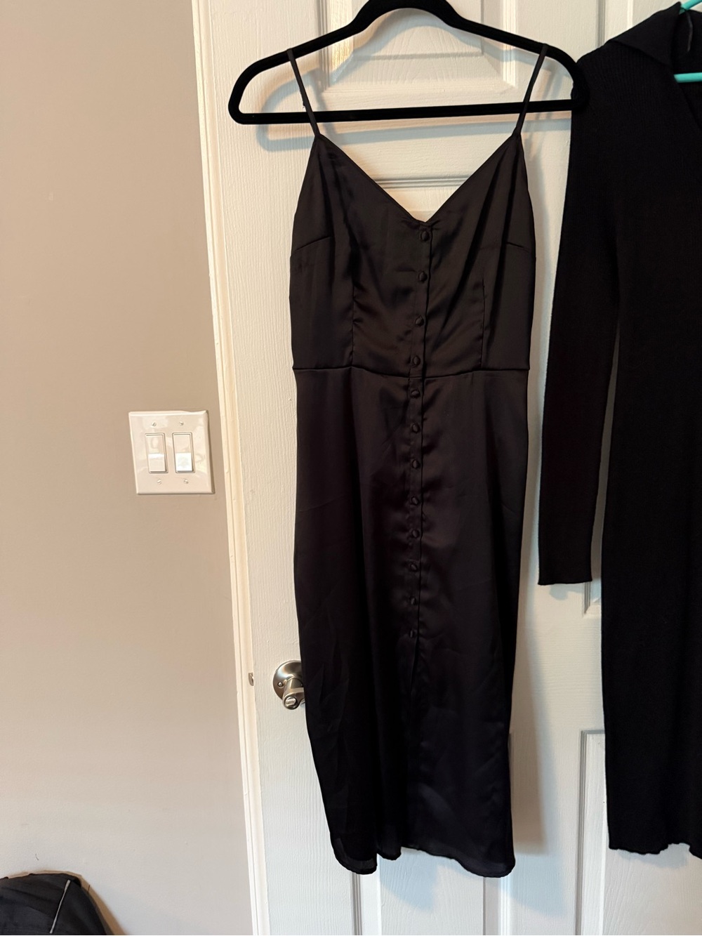 Abercrombie & Fitch Black Satin Midi Slip Dress with Front Buttons